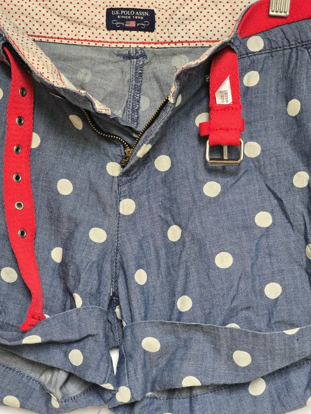 U.S. Polo Assn Polka Dot Chambray Shorts Red Belt Size 7 / 8